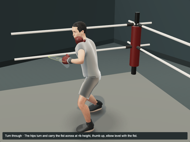 Lead hook to the body: the Lead hook to the body at the Turn through phase, the hips turn and carry the fist across at rib height, thumb up, elbow level with the fist.