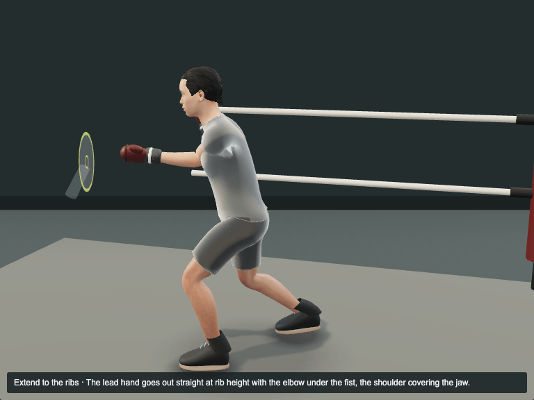 Jab to the body: the Jab to the body at the Extend to the ribs phase, the lead hand goes out straight at rib height with the elbow under the fist, the shoulder covering the jaw.