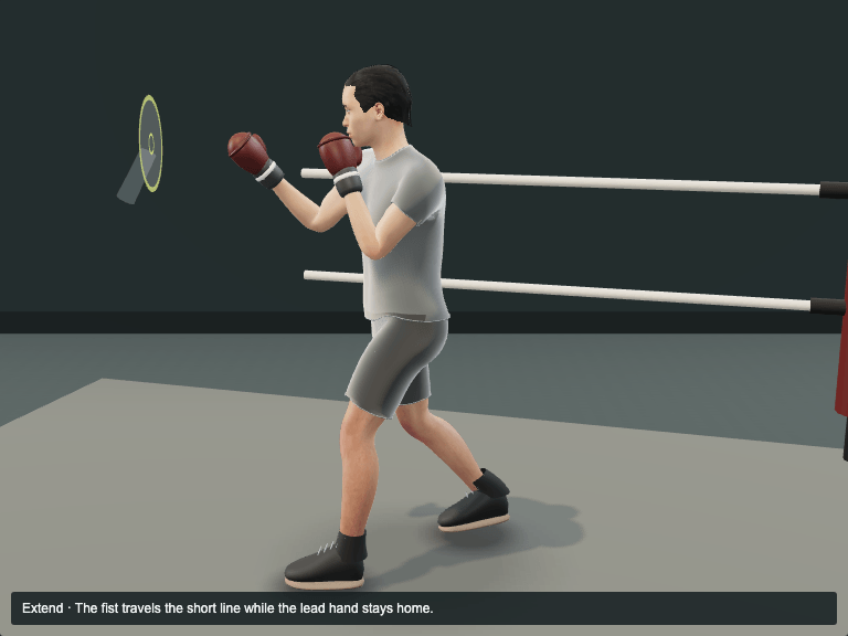 Cross / return to guard: the Rear straight / cross at the Extend phase, the fist travels the short line while the lead hand stays home.