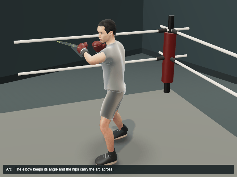 Lead hook / recover: the Lead hook at the Arc phase, the elbow keeps its angle and the hips carry the arc across.