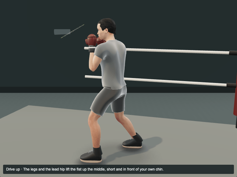 Lead uppercut: the Lead uppercut at the Drive up phase, the legs and the lead hip lift the fist up the middle, short and in front of your own chin.
